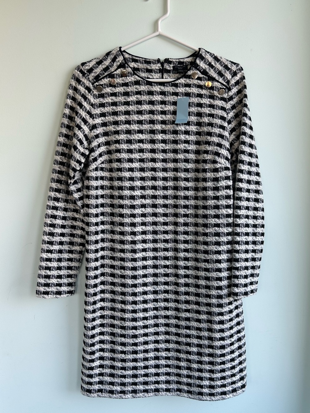 Ann Taylor Factory Black and White Check Tweed Long Sleeve Dress
